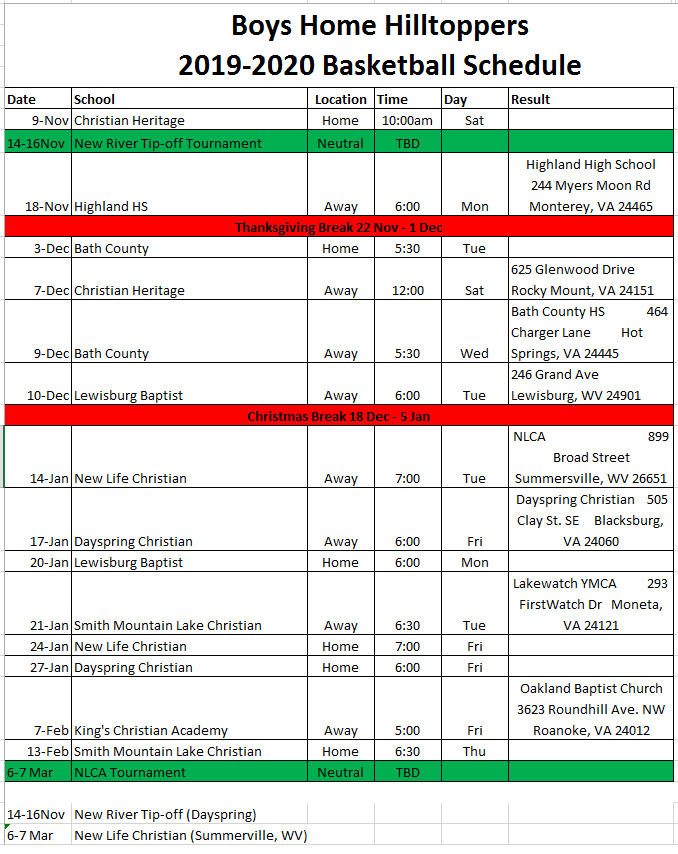 Boys Home Basketball Schedule 2019-2020